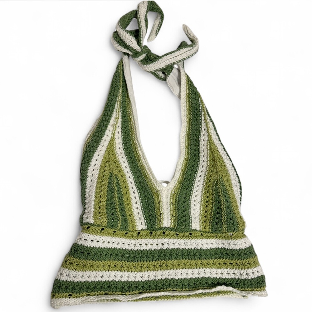 Hollister Green & White Crochet Halter Top Y2K boho